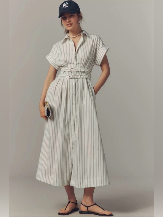 Anthropologie Dresses & Skirts - Anthropologie Exquise Tobie Striped Belted Shirt Dress in Light Cream